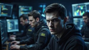 Un grupo de hackers está frente a pantallas de computadoras como tramando un ataque