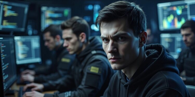 Un grupo de hackers está frente a pantallas de computadoras como tramando un ataque