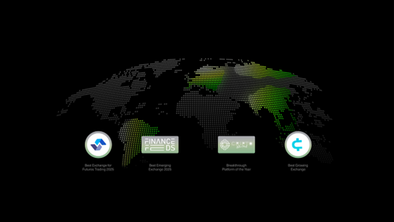 Cuatro premios otorgados a Bitunix en 2025 sobre mapa mundi y fondo oscuro.