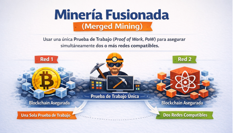 Infografía horizontal sobre minería fusionada mostrando un minero conectando una única Prueba de Trabajo a dos blockchains distintas.