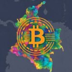 El logo de Bitcoin sobre el mapa de Colombia.
