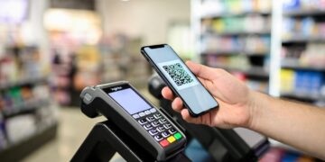 Terminal de pago POS con escaneo de QR.