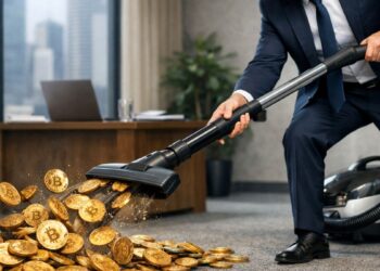 Ejecutivo con traje usando una aspiradora para absorber monedas físicas de bitcoin en una oficina moderna.