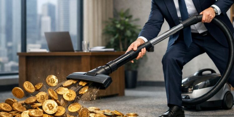 Ejecutivo con traje usando una aspiradora para absorber monedas físicas de bitcoin en una oficina moderna.