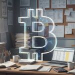 Moneda física de bitcoin siendo transparente en una sala con papeles y temas fiscales.