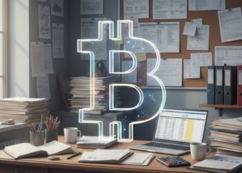 Moneda física de bitcoin siendo transparente en una sala con papeles y temas fiscales.