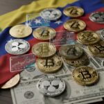 Bandera de Venezuela junto a distintas criptomonedas y billetes de dólar.