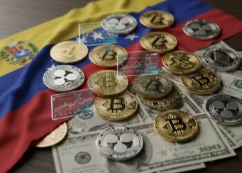 Bandera de Venezuela junto a distintas criptomonedas y billetes de dólar.