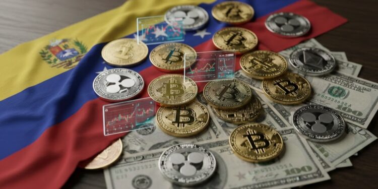 Bandera de Venezuela junto a distintas criptomonedas y billetes de dólar.
