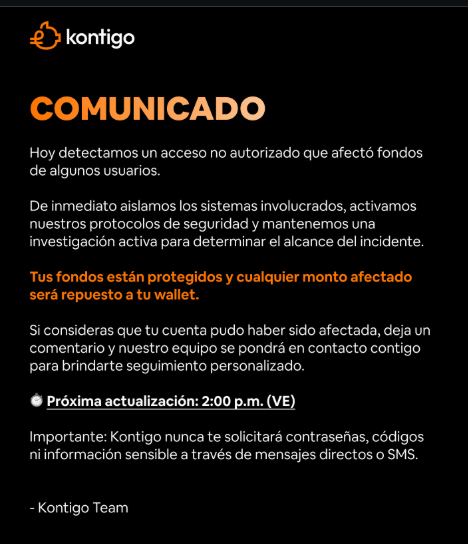 Captura de pantalla del comunicado de Kontigo App sobre el hackeo.