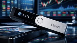 Dispositivo Ledger wallet frente a gráficos bursátiles y pantallas de trading financiero