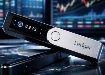 Dispositivo Ledger wallet frente a gráficos bursátiles y pantallas de trading financiero