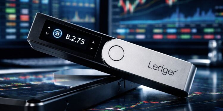 Dispositivo Ledger wallet frente a gráficos bursátiles y pantallas de trading financiero