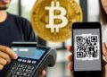 Foto de un pago con tarjeta y un pago con QR, con logo de bitcoin detrás.
