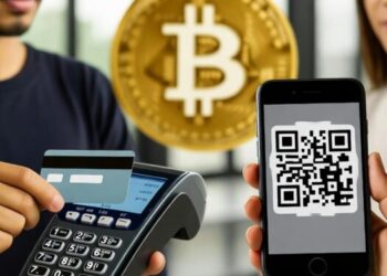 Foto de un pago con tarjeta y un pago con QR, con logo de bitcoin detrás.