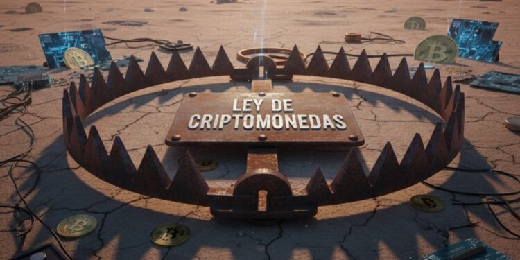 Una trampa en el medio de un desierto con un letrero que dice "ley de criptomonedas".