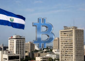 Logo de bitcoin con edificios de empresas y la bandera de El Salvador.