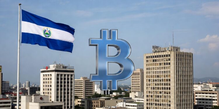 Logo de bitcoin con edificios de empresas y la bandera de El Salvador.