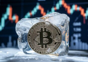Bitcoin físico congelado en bloque de hielo sobre fondo de gráfico bursátil