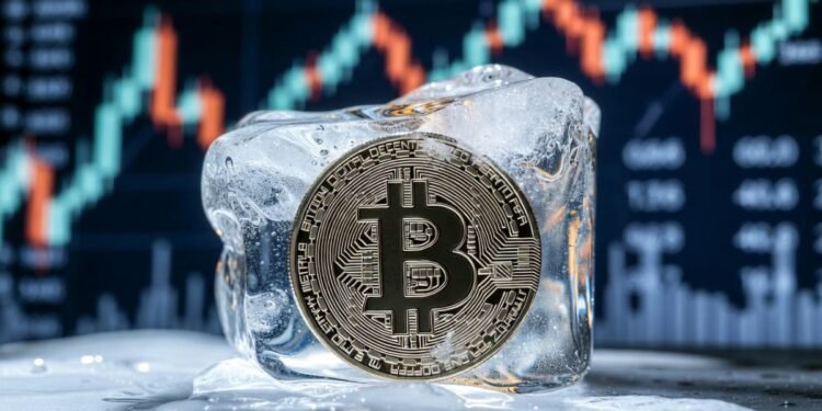 Bitcoin físico congelado en bloque de hielo sobre fondo de gráfico bursátil