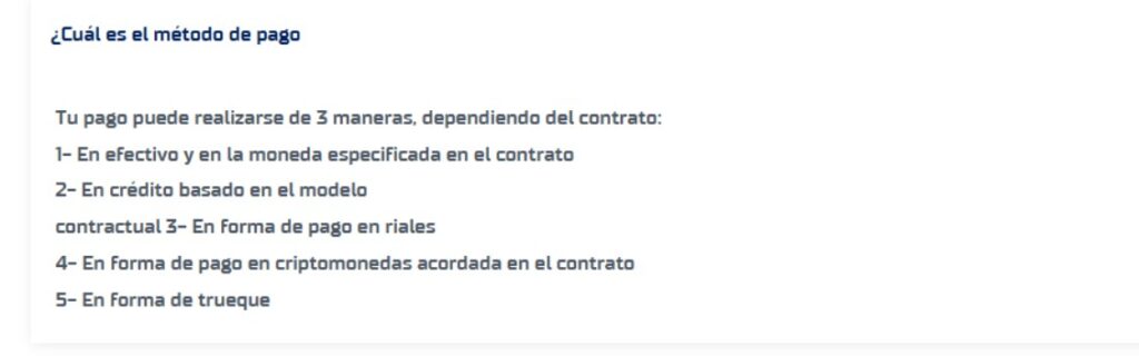 Captura de pantalla de los métodos de pago aceptados por MINDEX Center.