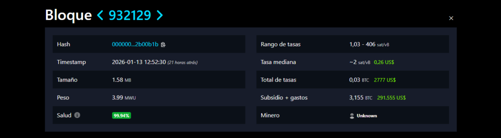 Captura de imagen de un bloque de Bitcoin, extraida del explorador mempool.space.