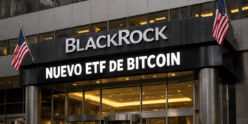 Edificio corporativo de BlackRock con el letrero "NUEVO ETF DE BITCOIN".