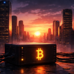 Un nodo de Bitcoin (una pequeña computadora o servidor) encendido en primer plano, pero rodeado por rascacielos financieros que proyectan sombras largas. El cielo está en tonos de atardecer: naranja, rojo, violeta.