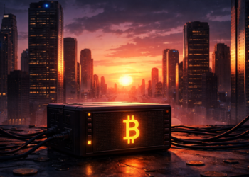 Un nodo de Bitcoin (una pequeña computadora o servidor) encendido en primer plano, pero rodeado por rascacielos financieros que proyectan sombras largas. El cielo está en tonos de atardecer: naranja, rojo, violeta.