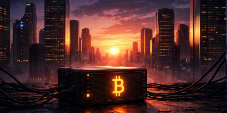 Un nodo de Bitcoin (una pequeña computadora o servidor) encendido en primer plano, pero rodeado por rascacielos financieros que proyectan sombras largas. El cielo está en tonos de atardecer: naranja, rojo, violeta.