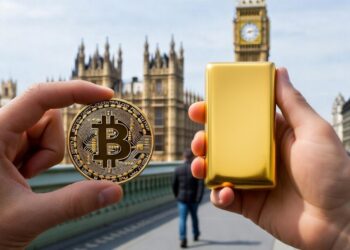 Una mano sosteniendo un lingote de oro y otra mano sosteniendo una moneda de bitcoin, de fondo se observa el Big Ben.