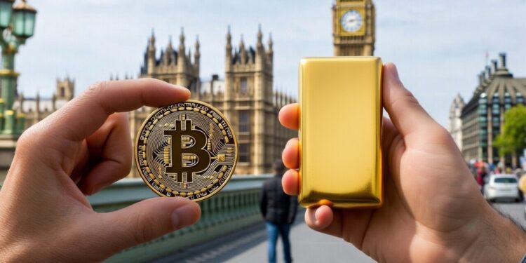 Una mano sosteniendo un lingote de oro y otra mano sosteniendo una moneda de bitcoin, de fondo se observa el Big Ben.