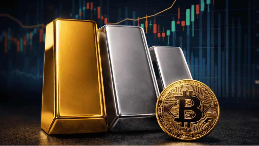 Una moneda física de bitcoin junto a lingotes de oro y plata delante de un gráfico de precios.