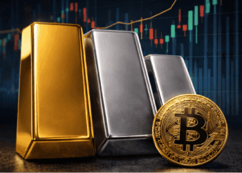 Una moneda física de bitcoin junto a lingotes de oro y plata delante de un gráfico de precios.