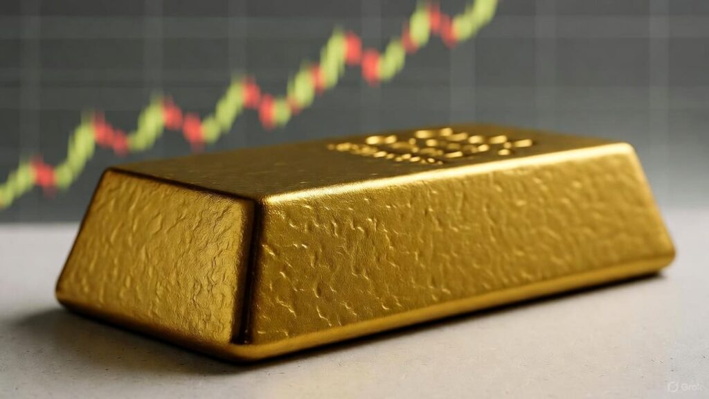 Lingote de oro con un gráfico de precios de fondo.