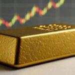 Lingote de oro con un gráfico de precios de fondo.