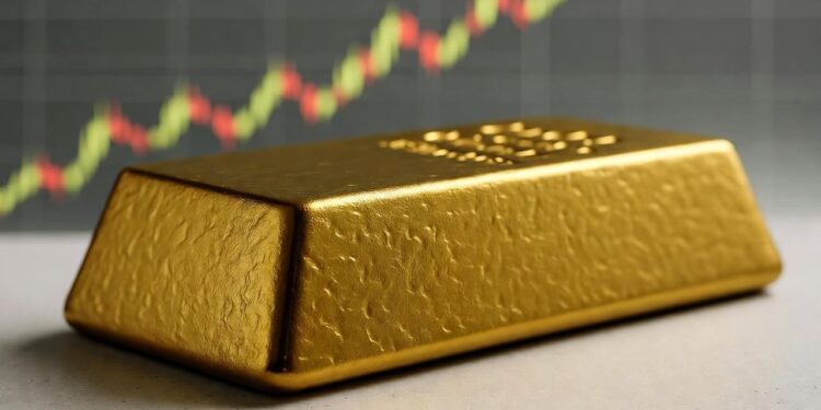 Lingote de oro con un gráfico de precios de fondo.