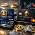Tarjetas Visa y Mastercard realizando un pago, rodeadas de activos digitales en un entorno financiero moderno.