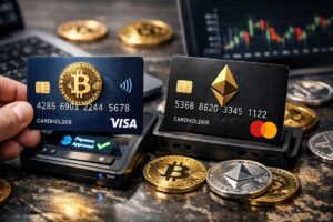 Tarjetas Visa y Mastercard realizando un pago, rodeadas de activos digitales en un entorno financiero moderno.