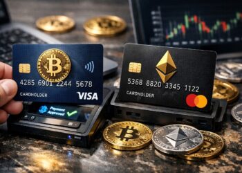 Tarjetas Visa y Mastercard realizando un pago, rodeadas de activos digitales en un entorno financiero moderno.