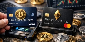 Tarjetas Visa y Mastercard realizando un pago, rodeadas de activos digitales en un entorno financiero moderno.