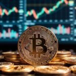 Monedas fรญsicas doradas de bitcoin en primer plano sobre un fondo con pantallas de grรกficos bursรกtiles.