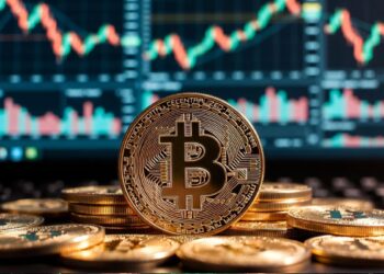 Monedas físicas doradas de bitcoin en primer plano sobre un fondo con pantallas de gráficos bursátiles.