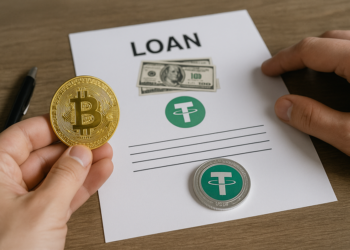 Imagen de un préstamo colateralizado: una mano sostiene una moneda de bitcoin frente a un contrato con la palabra 'Loan' y el logo de USDT.
