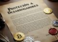 Un documento que dice "Protecciรณn a desarrolladores" con monedas fรญsicas de bitcoin, ether y litecoin alrededor.