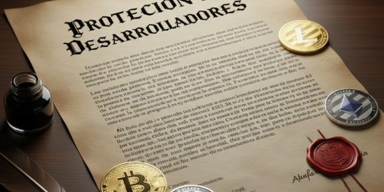 Un documento que dice "Protección a desarrolladores" con monedas físicas de bitcoin, ether y litecoin alrededor.