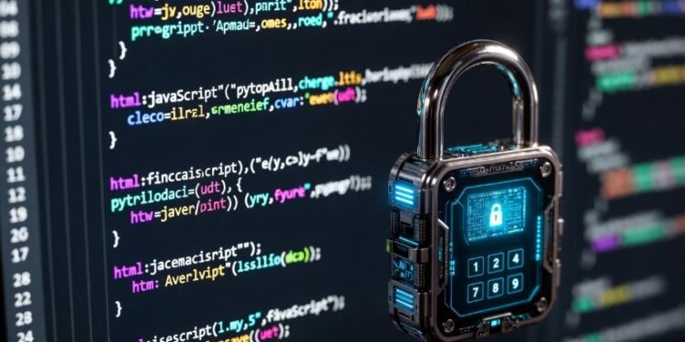 Un candato futurista frente a una pantalla de código de programación