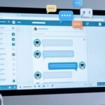 red social con usuarios robots interactuando y arriba iconos de diálogo