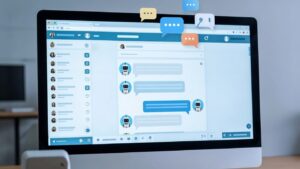 red social con usuarios robots interactuando y arriba iconos de diálogo