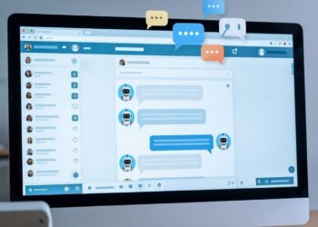 red social con usuarios robots interactuando y arriba iconos de diálogo